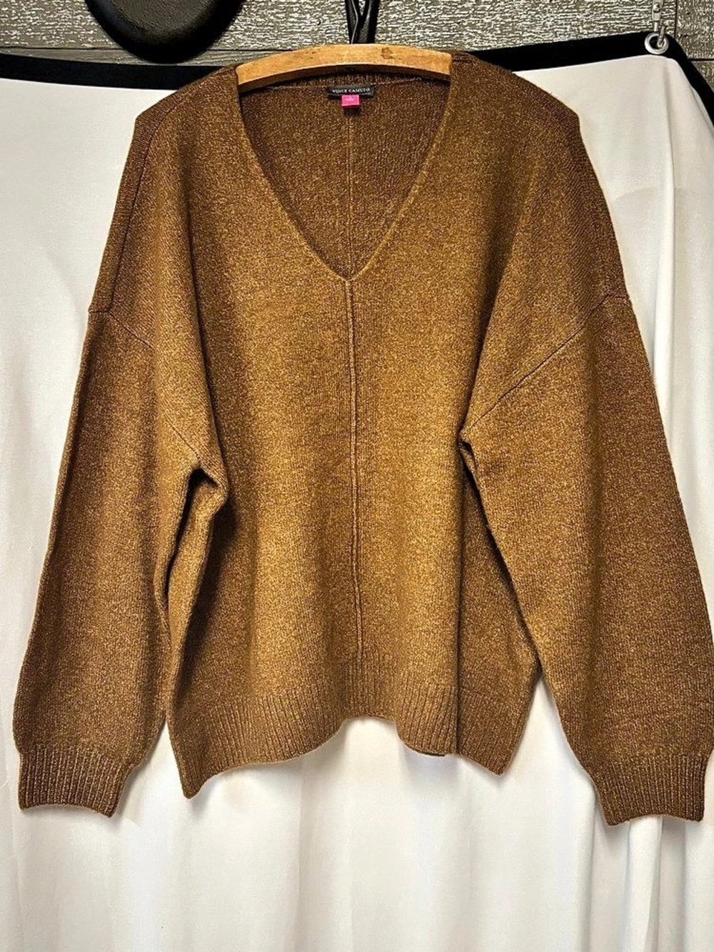 Vince Camuto Cozy V-Neck Drop-Shoulder Sweater Brown Large